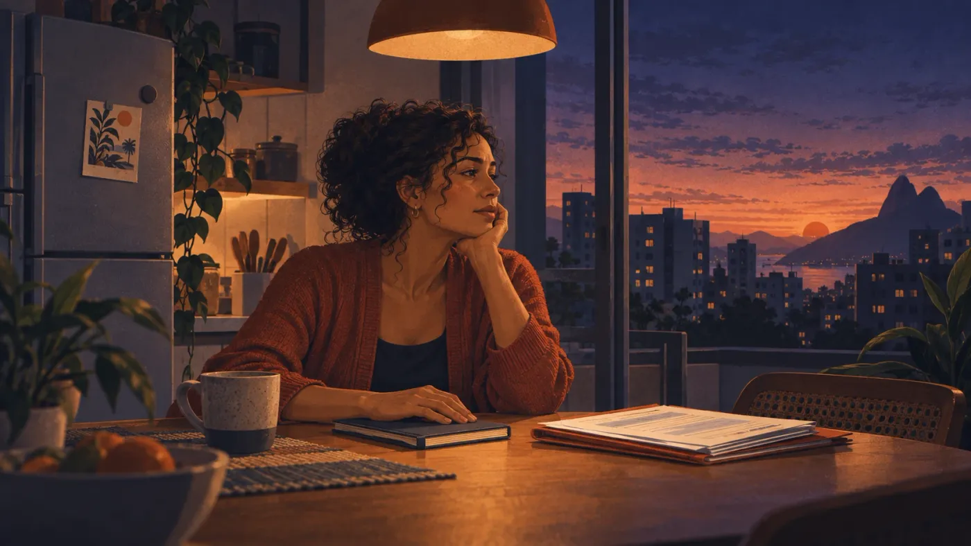 Mulher à mesa da cozinha ao anoitecer, com a mão sobre um caderno fechado e uma pasta de exames ao lado; pela janela, a cidade e o mar.
